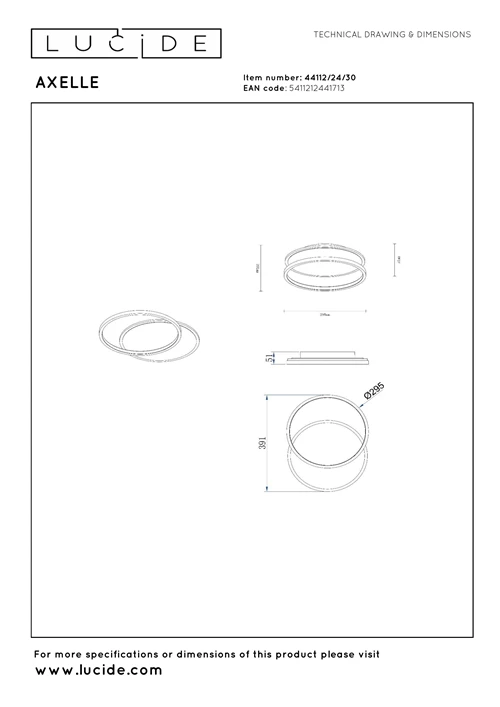 Lucide AXELLE - Deckenleuchte - Ø 29,5 cm - LED 3 StepDim - 1x24W 2700K - Schwarz - technisch